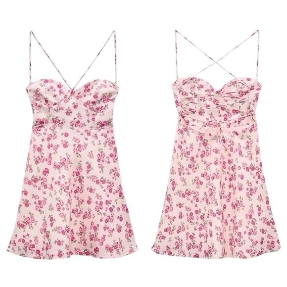 ZARA Dainty Floral Linen Fit & Flare Strappy Mini Dress - Picture 1 of 15